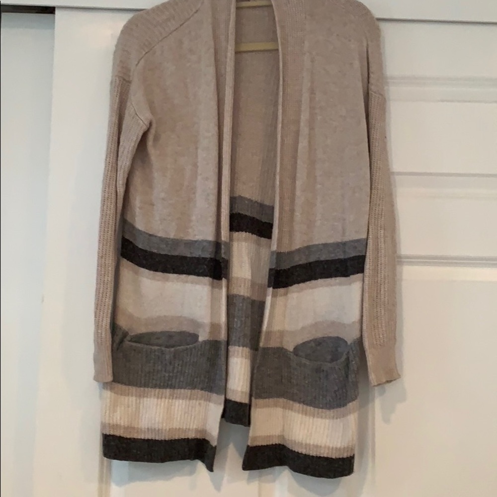 Loft oatmeal color cardigan runs long grey stripe